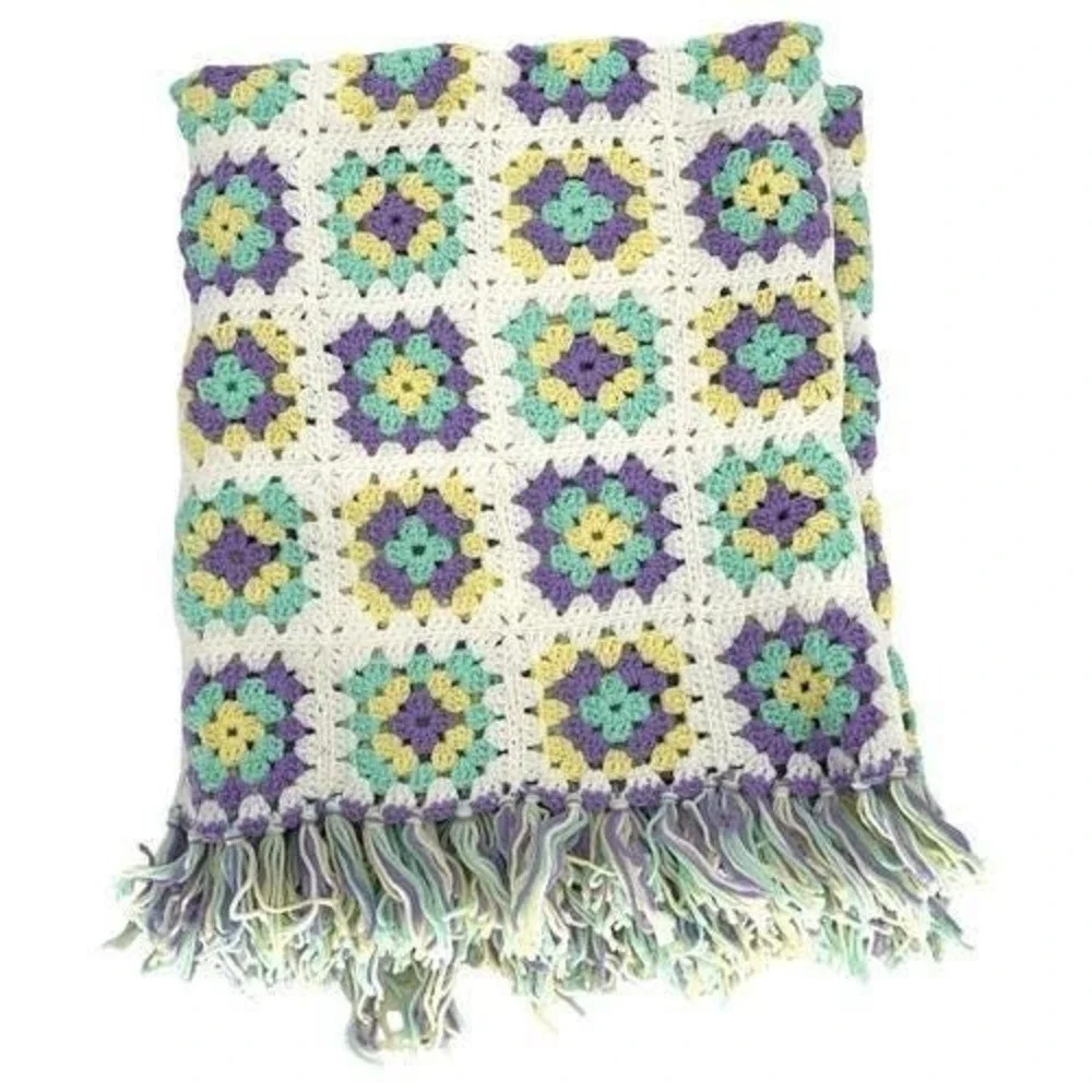 Handmade‎ Vintage Granny Square Crochet Afghan Pastel Purple Mint Yellow 38x48